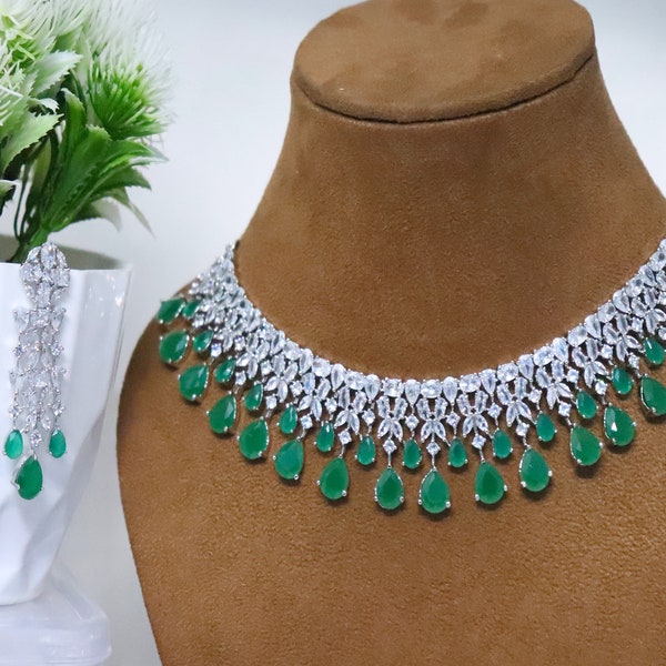 Silver Emerald Necklace Earrings Set/ Bridal Necklace Earrings Designer Jewelry Set/ Statement Green Necklace Earrings, Engagement Set