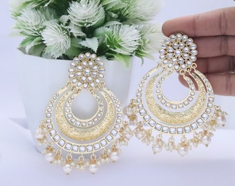 Kundan Chandbali Style Earrings Pearls Jewelry Set, Gold Plated Earrings Set, Bridal Earrings Jewellery Set, Handmade Earrings Gift Set