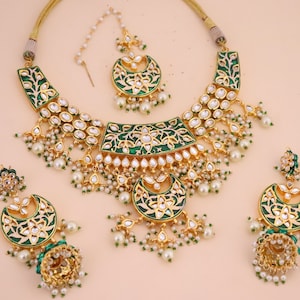 Jadau Kundan Collier de mariée indien Boucles d'oreilles Jhumka Ensemble de bijoux, Ensemble de bijoux de mariée du Sud, Ensemble de bijoux Kundan Punjabi, Ensemble de bijoux Minakari