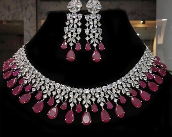 Hoge kwaliteit CZ diamanten Ruby ketting oorbellen set, bruids Dangler oorbellen, bruids choker, feestkleding ketting oorbellen, statement stuk,