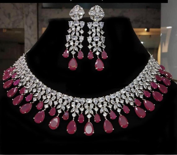 High Quality CZ Diamonds Ruby Necklace Earrings Set Bridal 