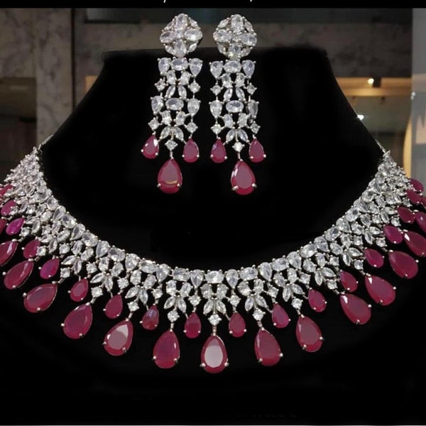 High Quality CZ Diamonds Ruby Necklace Earrings Set, Bridal Dangler Earrings, Bridal Choker, Party Wear Necklace Earrings, Statement Piece,
