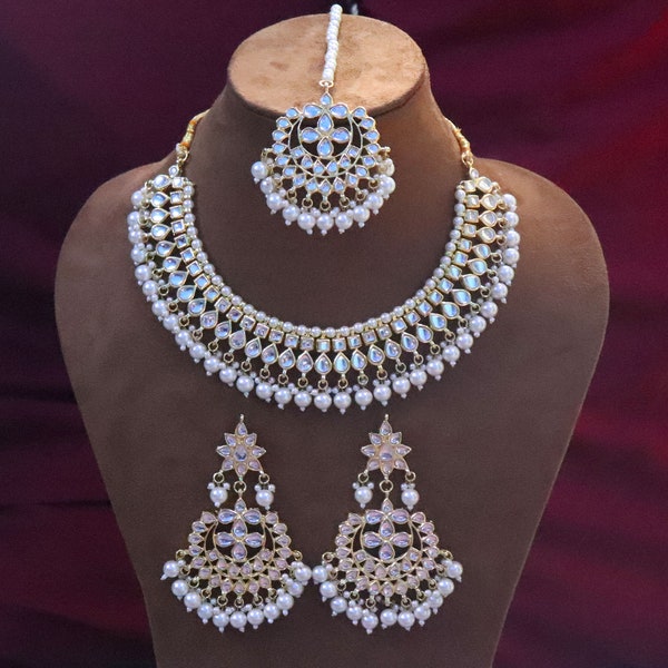 White Pearls Necklace Earrings Tika Tikka Set, Kundan Necklace Earrings Tika Set, Gold Plated Jewelry Jewellery Bridal Engagement Jewelry