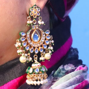 Jadau Jhumka Earrings Jewelry Jewellery Set, Indian Kundan Pearls Traditional Handmade Pearls Style Jhumka Pakistani Jewellery Set