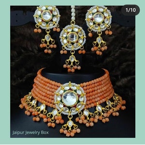 Kundan Necklace Earrings Tikka Choker Set, Indian Bridal Necklace Earrings Handmade Wedding Women Jewelry Orange Beads Statement Jewelry Set