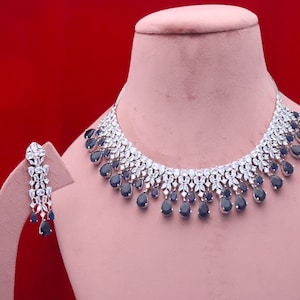 Bridal Sapphire Necklace Earrings Set, Statement Jewelry Set, Bridesmaid Jewelry Blue Necklace Earrings Set, Indian Hyderabadi jewelry