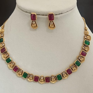 Gold Plated Polki Necklace Earrings Set: Red & Green Bridal Jewelry