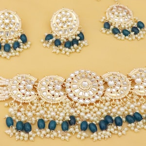 Blue Beads Kundan Choker Necklace Earrings Tikka: Indian Bridal Jewelry