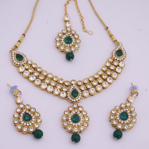 Gold Plated Kundan Green Necklace Earrings Tika Jewelry Set, Bridal Necklace, Bridesmaid Gift Jewelry Necklace Set, Hyderabadi Necklace
