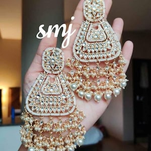 Kundan Big Jhumka Style Earrings Jewelry Set, Pearls Bollywood Style Earrings Set, South Indian Earrings, Punjabi Earrings, Pakistani Set