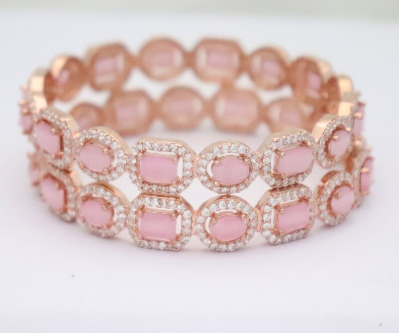 Statement Set Handmade Gold Rose Hyderabadi Bangles Pink CZ Diamonds Bangles Bracelets Jewelry Set Indian Party Wear Bracelets Bangles