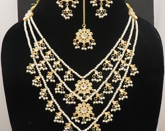 Kundan Pearl Indian Jewelry Set: Gold Plated Necklace Earrings Tika