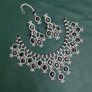 Black CZ Diamond Bridal Jewelry Set: Silver Plated Necklace, Earrings & Tika