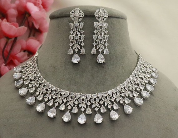 indiankundanjewelry CZ Diamonds Necklace Earrings Set