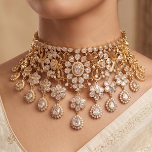 May include: A gold choker necklace featuring intricate floral motifs and filigree metalwork. The piece is adorned with numerous clear, pear-shaped and round faceted stones set in gold, with dangling flower and teardrop-shaped pendants along the bottom.