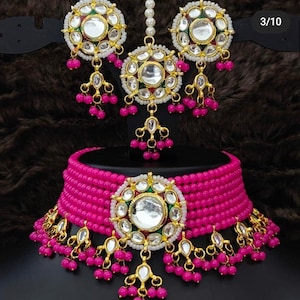 Hot Pink Kundan Choker Necklace Earrings Tikka Jewelry Set, Indian Bridal Gold Toned Handmade Traditional Bollywood Jewelry Designer Set