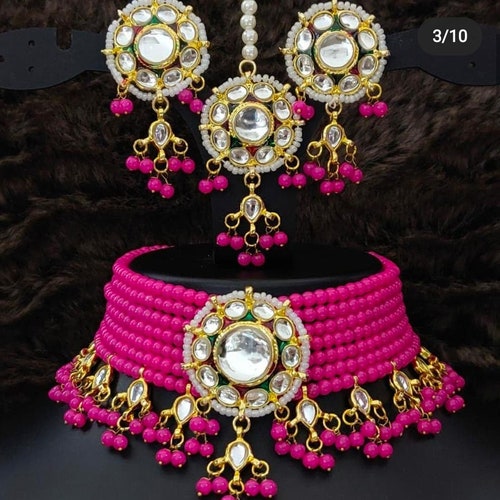 Hot Pink Kundan Choker Necklace Earrings Tikka Jewelry Set - Etsy