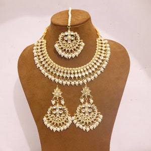 Indian Kundan Jewelry Choker Necklace Earrings Tika Head Jewellery Pearls On Sale Bridal Wedding Engagement Fashion Handmade Set