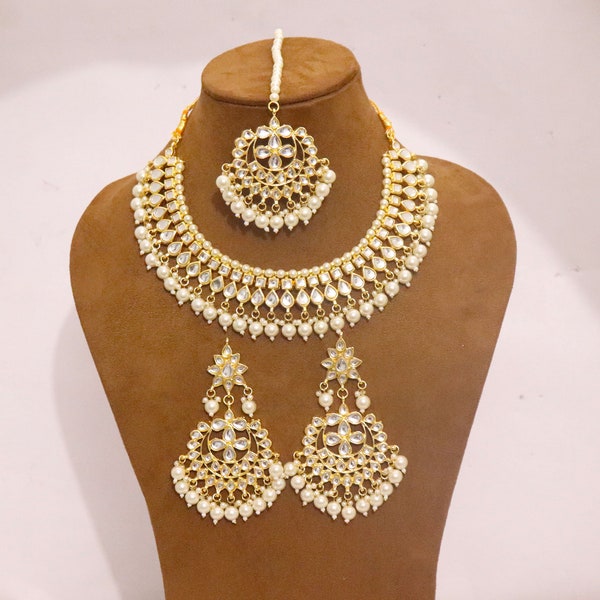 Indian Kundan Jewelry Choker Necklace Earrings Tika Head Jewellery Pearls On Sale Bridal Wedding Engagement Fashion Handmade Set