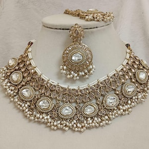 Kundan Bridal Jewelry Set: Indian Choker Necklace, Earrings, Tikka - Mehendi & White