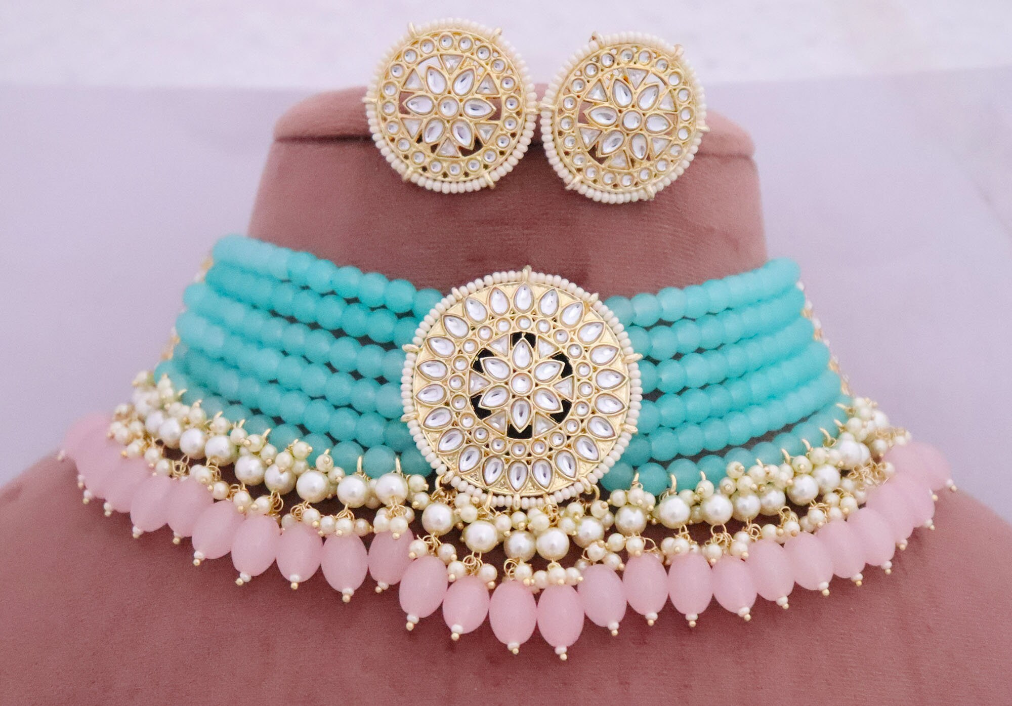 Blue Necklace Choker Studs Earrings Set Handmade Beads Choker Etsy