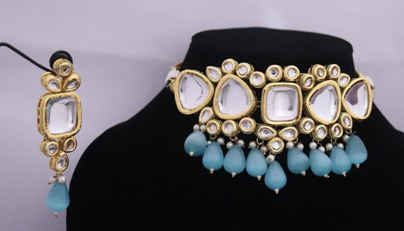 Kundan Necklace Set, Indian Designer Bridal Choker Set, Firozi Beads Jewelry Set, Pakistani Necklace Set, Minakari Jewelry Set, Handmade Set