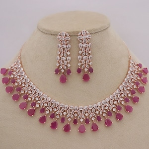 CZ Diamonds Necklace Earrings Set, Red Bridal Necklace Earrings Rose Gold Jewelry Set, Statement Choker Necklace Earrings, Engagement Set