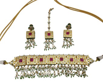 Jadau Kundan Bridal Choker Set: Gold Plated Indian Jewelry