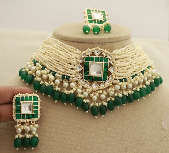 Indian Gold Plated Bollywood Emerald Jewelry Set Enamel Choker Necklace Set