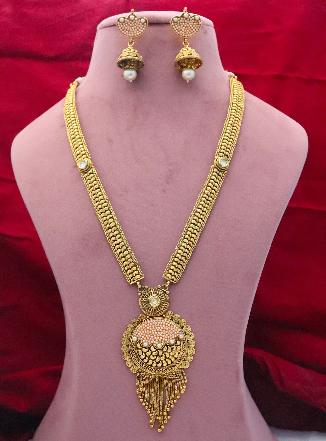 Stunning Gold Plated Long Necklace Earrings Jewelry Set Etsy