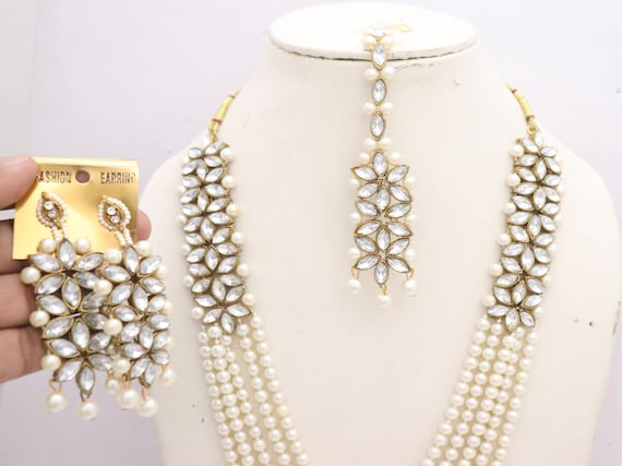 Details about   ETHNIC INDIAN RANI HAR JEWELRY GOLDEN LONG BRIDAL PEARL CZ NECKLACE EARRINGS SET 