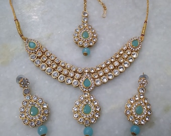 Gold Plated Kundan Turquoise Necklace Earrings Tika Jewelry Set, Bridal Necklace, Bridesmaid Gift Jewelry Necklace Set, Hyderabadi Necklace