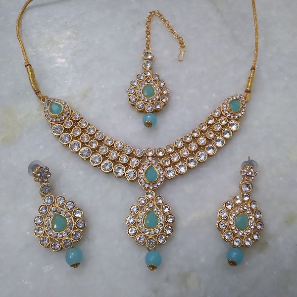 Gold Plated Kundan Turquoise Necklace Earrings Tika Jewelry Set, Bridal Necklace, Bridesmaid Gift Jewelry Necklace Set, Hyderabadi Necklace