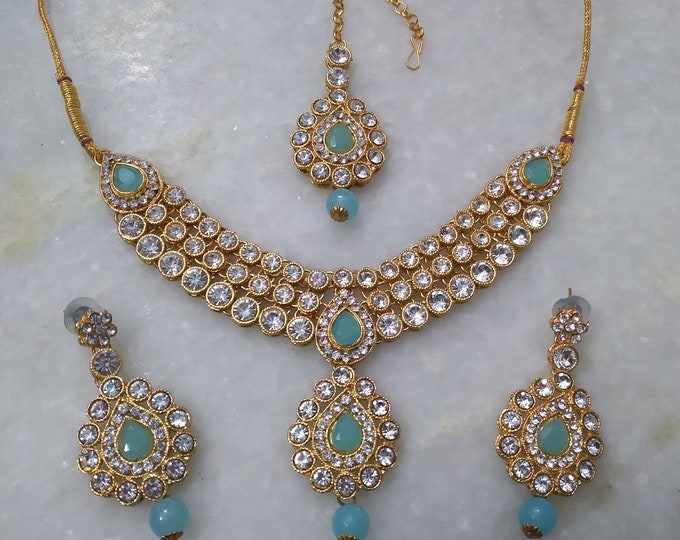 Gold Plated Kundan Turquoise Necklace Earrings Tika Jewelry - Etsy