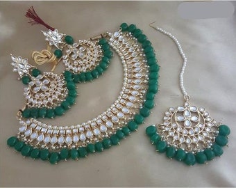 Emerald Beads Kundan Necklace Earrings Tika Choker Jewelry Set, Gold Plated Choker Necklace, High Quality Kundan Bridal Handmade Ethnic Set