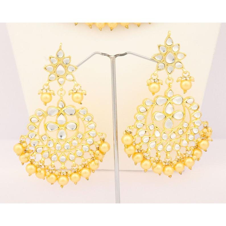 Kundan Handmade Eid Gift Jewelry Necklace Earrings Tikka Golden Pearls Indian Bridal Wedding Fashion Jewellery Engagement Style Set