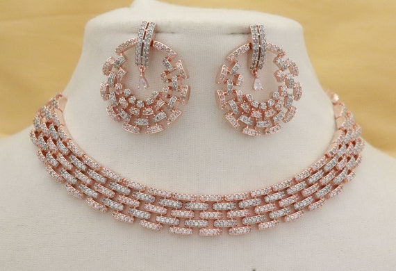 Gold Tone AD Stone Bridal Necklace Earrings Set-SR100545 – Kaya Online