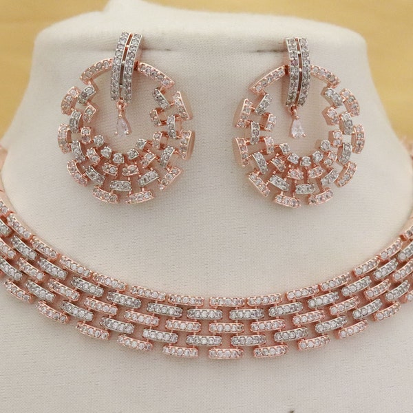Beautiful Indian Bridal Rose Gold Necklace Earrings Set/ Bridal Necklace Earrings/ Mother Gift Necklace/ Indian Bridal Designer Jewelry Set