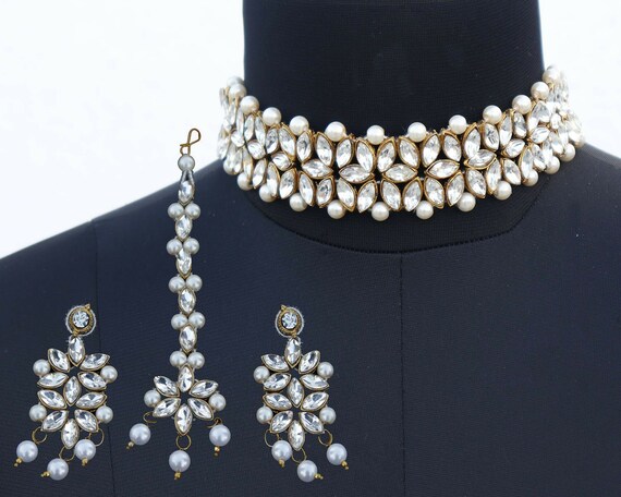 CZ Choker Necklace Earrings Tikka Head 