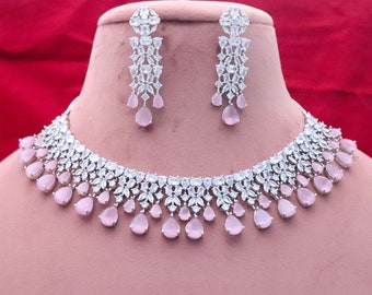 indiankundanjewelry Bollywood, Pink CZ Diamonds Necklace Earrings, Bridal Necklace Earrings Silver Jewelry, Statement Choker Necklace Earrings, Engagement Set