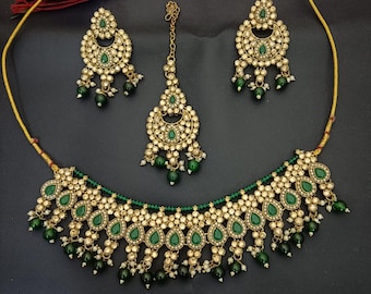 Green Kundan CZ Indian Jewelry Set: Gold Plated Necklace, Earrings, Tikka