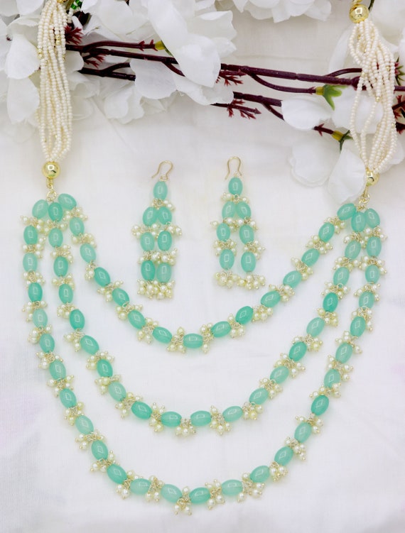 3 Layers Long Firozi Beads Necklace Set Designer Hoop Earrings Beads Jewelry High Quality Jewelry Set Designer Necklace Long Jewelry Set