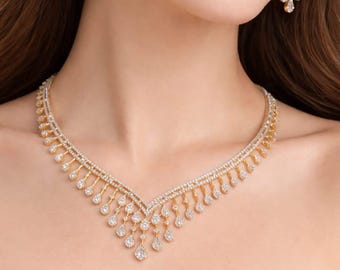 Bridal Choker Necklace Earrings Set: Faux CZ Diamonds Dangler, Party Wear