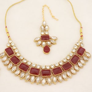Gold Plated Kundan Bridal Jewelry Set: Maroon Necklace Earrings Tikka