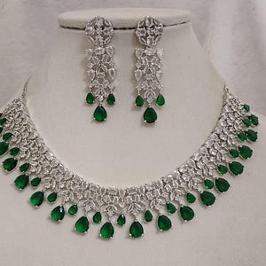 Shining Emerald CZ Diamonds Necklace Earrings Set, Bridal Dangler Earrings, Bridal Choker, Necklace Earrings Set, Statement Jewelry Piece,