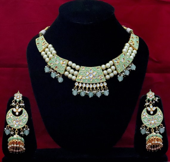 Kundan Bridal Jewelry Set: Mint Green Necklace & Jhumka Earrings
