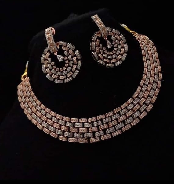 CZ Diamond Rose Gold Bridal Jewelry Set: Indian Choker Necklace Earrings