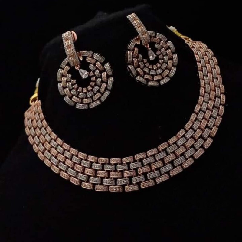 Rose Gold Plated Fancy Stone Necklace With Earrings
