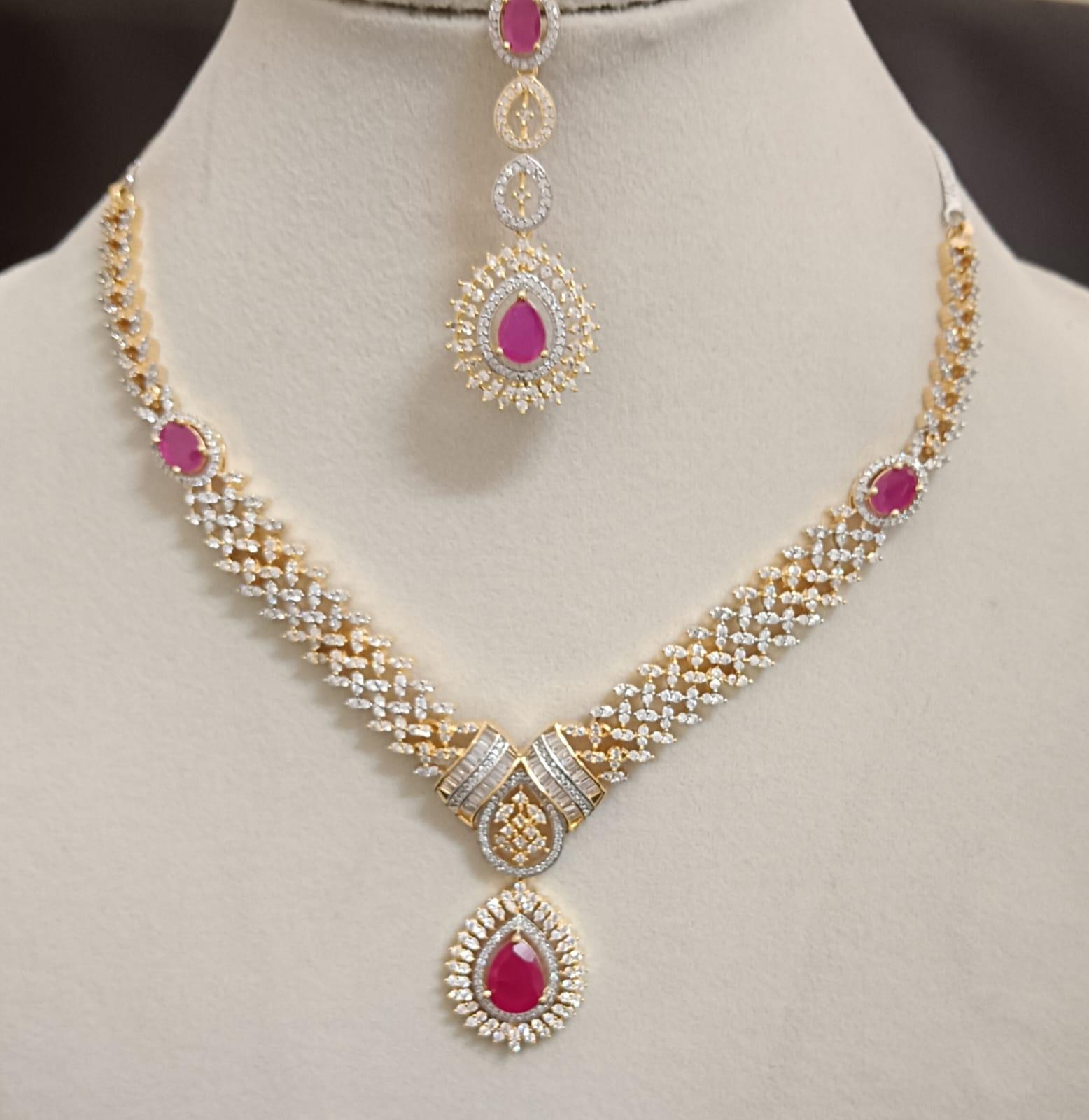 Ruby CZ Diamond Choker Necklace Earrings Set: Bridal Jewelry