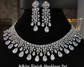 CZ Diamond Bridal Jewelry Set: Silver Choker Necklace & Earrings